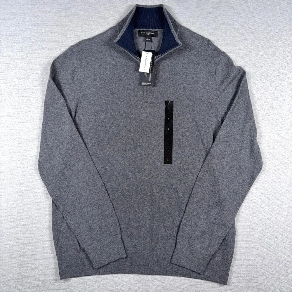 Banana Republic Premium Luxe 1/4 Zip Sweater Mens L Gray Cotton Silk Cashmere